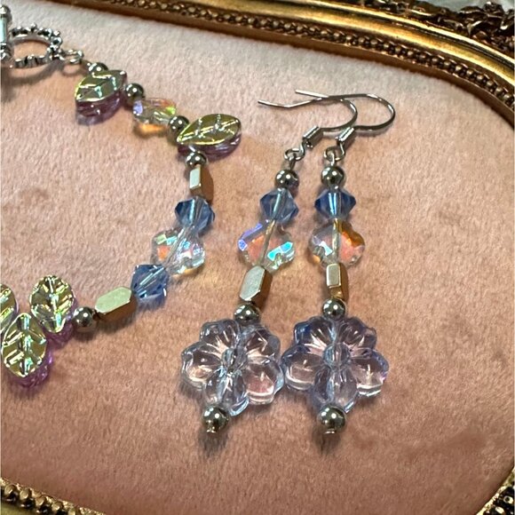 Handmade Crystal Flower Bracelet & Earrings Set With Toggle Clasp Floral Acce - Picture 4 of 9